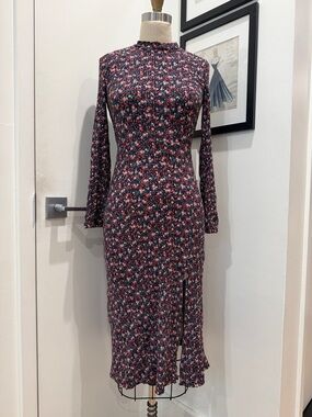 FARM Rio Black Floral Long-Sleeve Midi Dress with Pink Accents